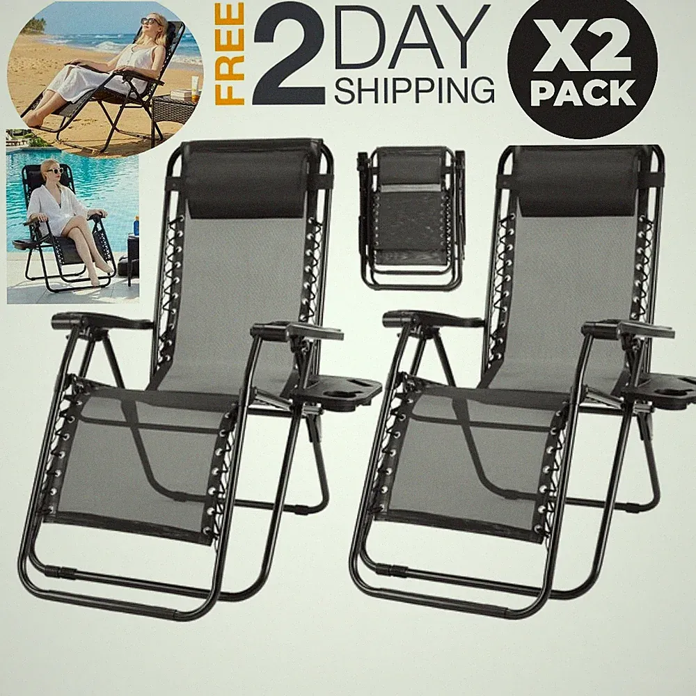 2 Black Folding Zero Gravity Lounge Chairs Set For Beach Patio Adults Clearance