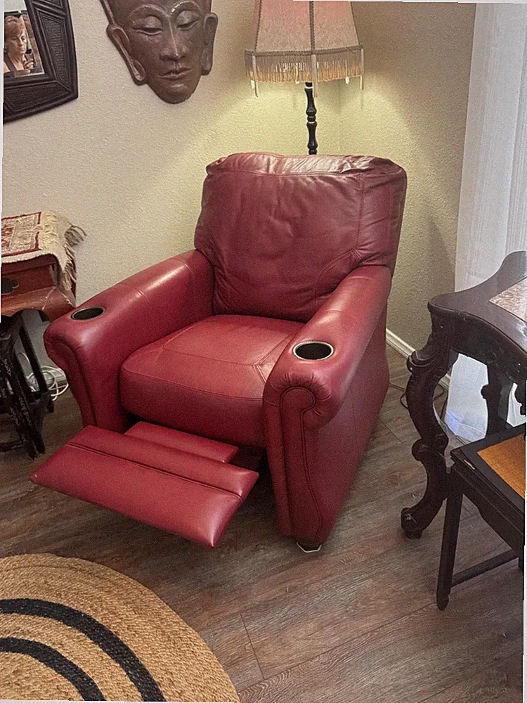 2 red leather Macy’s recliner chairs lightly used, super comphy, cup holders