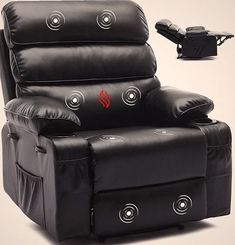 Black Manual Recliner with Massage&Heat, Extra Wide PU Leather Chair for Bedroom