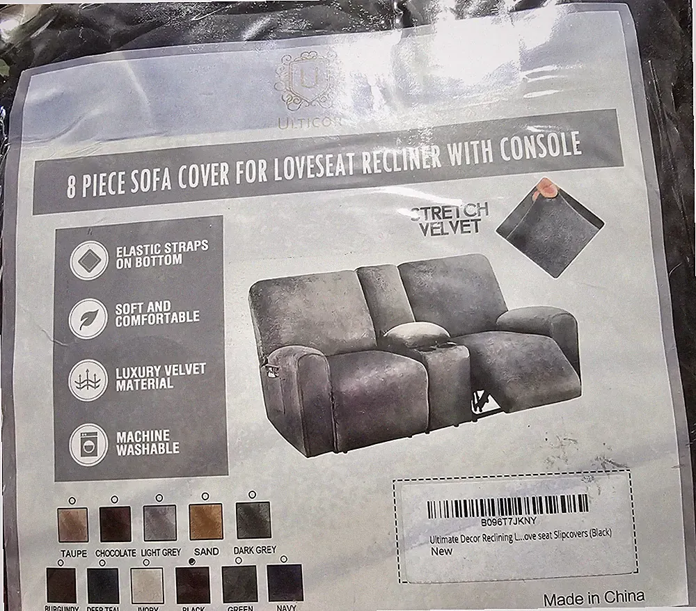 Black Velvet Sofa Cover for Loveseat Recliner with Console, 8-Piece Set NEW