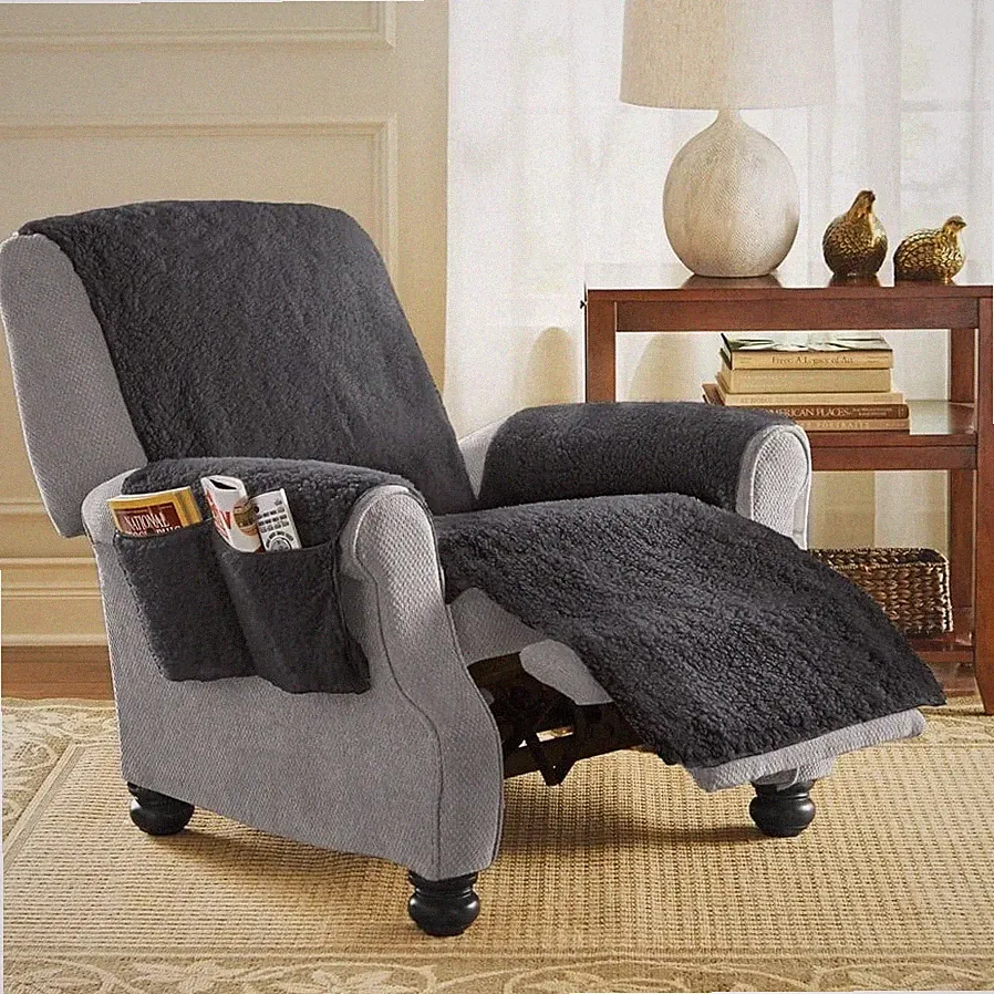 Protective Soft Comfy Black Fleece Chair Recliner Furniture Cover w/ Pockets