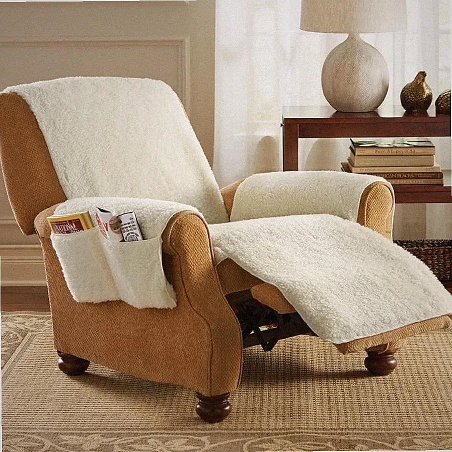 Protective Soft Comfy Cream Fleece Chair Recliner Furniture Cover w/ Pockets