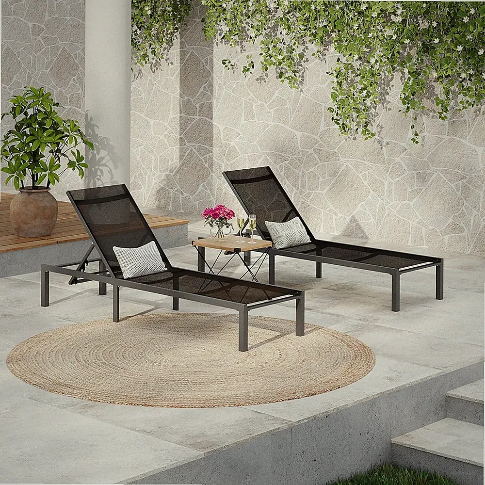 Set of 2 Adjustable Black Mesh Patio Chaise Lounges for Poolside Relaxation