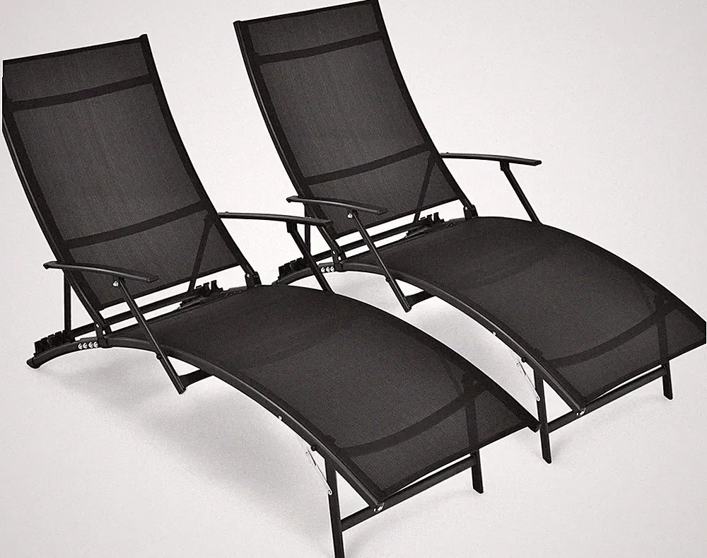 Set of 2 Adjustable Black Patio Chaise Lounge Chairs - Foldable & Quick-Dry
