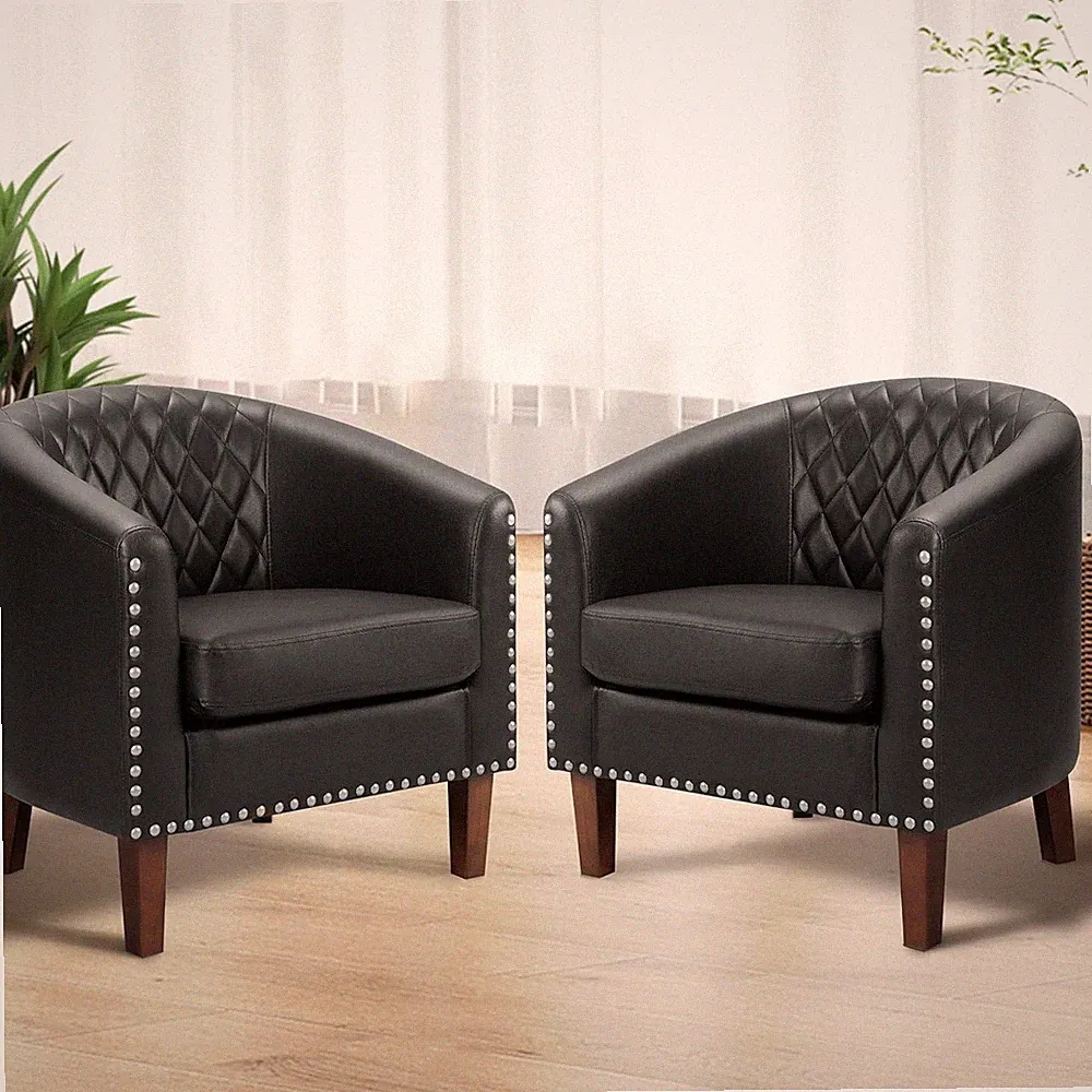 Set of 2 Comfy Faux Leather Barrel Chairs with Nailhead Trim - Black