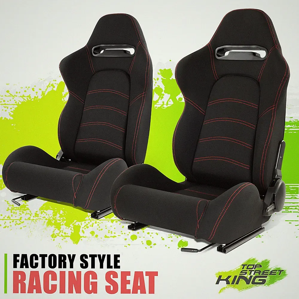 {Set of 2}Universal Black Woven Fabric Red Stitching Reclinable Racing Seats L+R