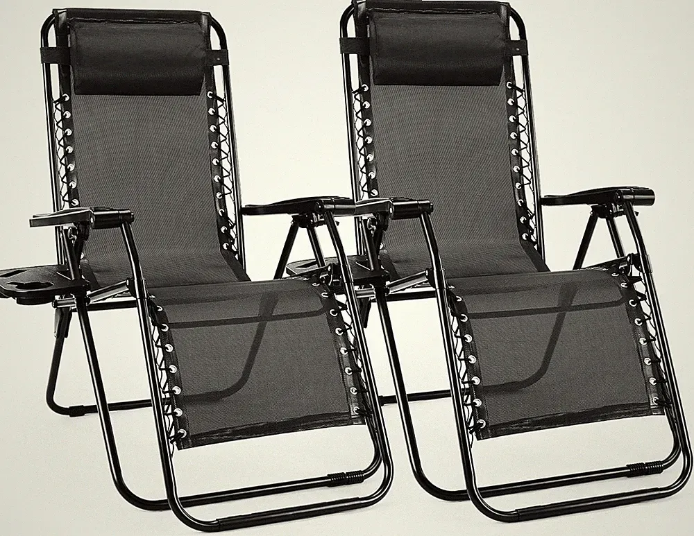 Set of 2 Zero Gravity Chairs with Cup Holders - Portable Recliners (Black)