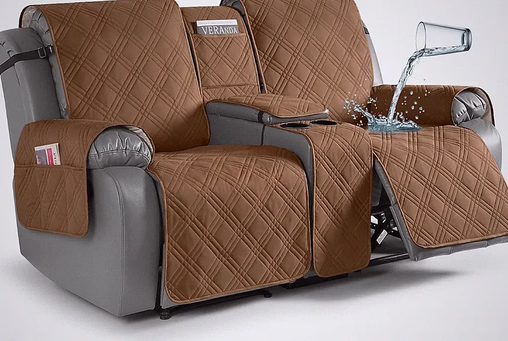 Waterproof Loveseat Recliner Cover with Console, Pet & Kids Protector, Brown